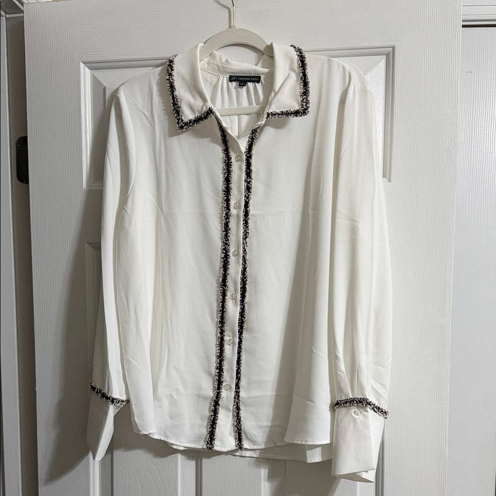 Adrianna Papell White Button Down Collared Blouse with Fringe Detail Size Large